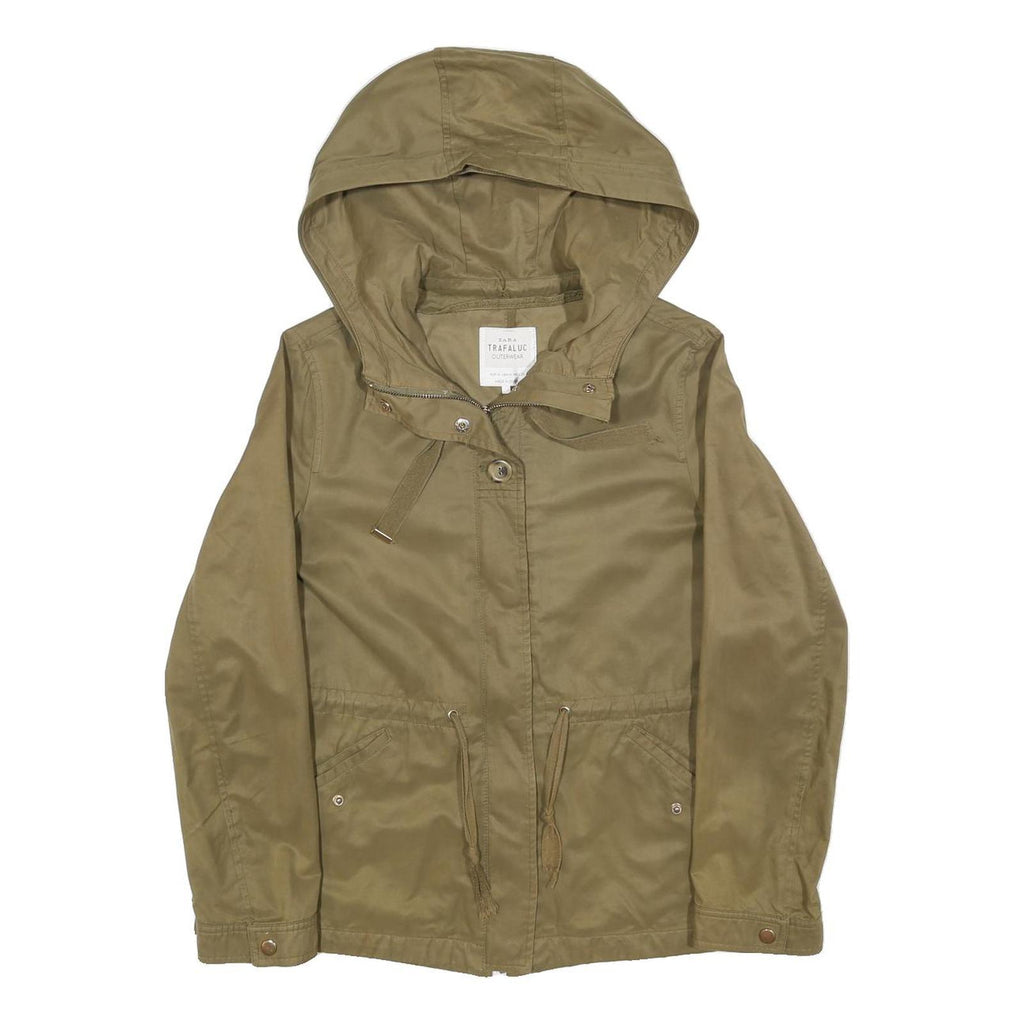 ZARA Womens Beige Cotton Blend Jacket M Plain Hooded Zip Casual Outerwear