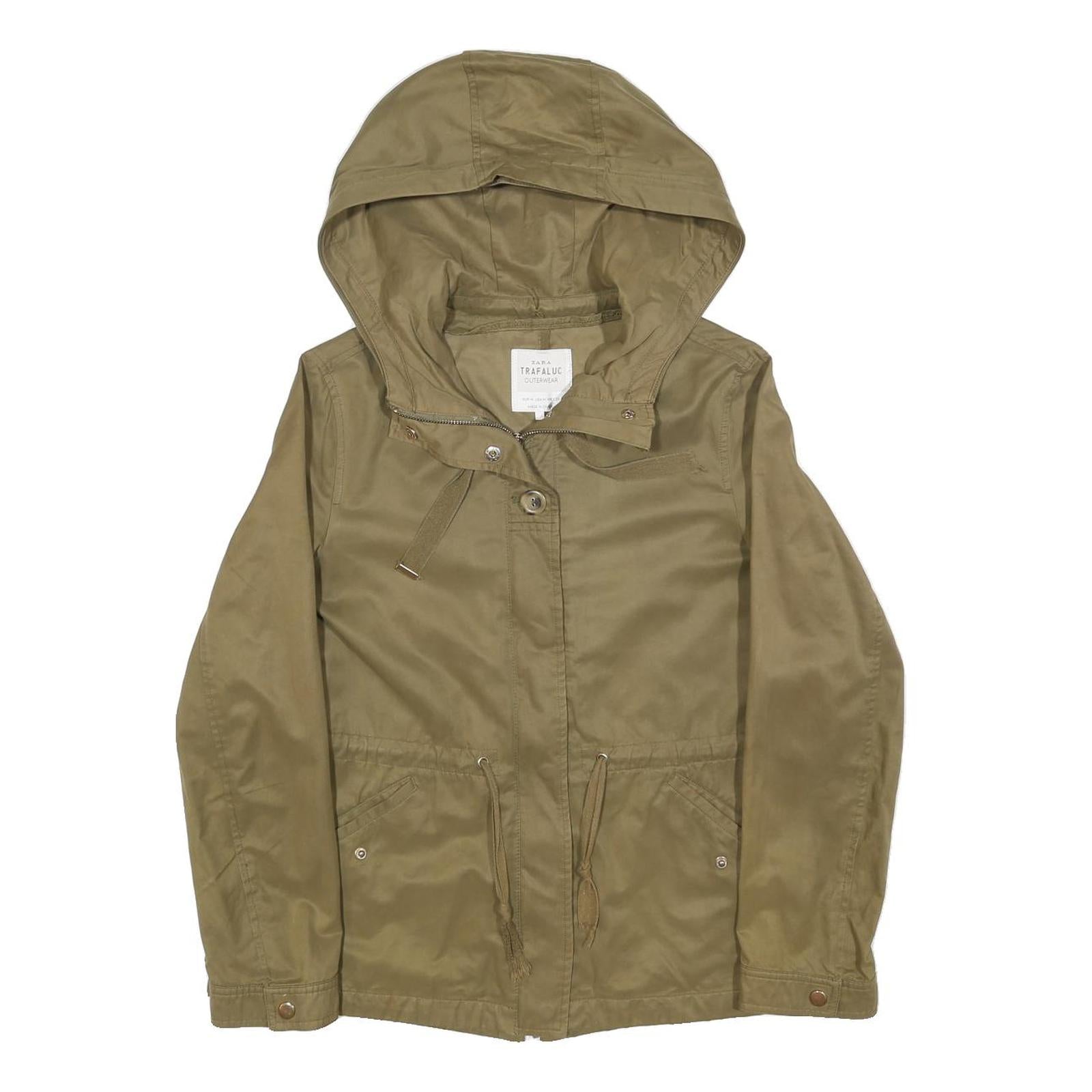 ZARA Womens Beige Cotton Blend Jacket M Plain Hooded Zip Casual Outerwear