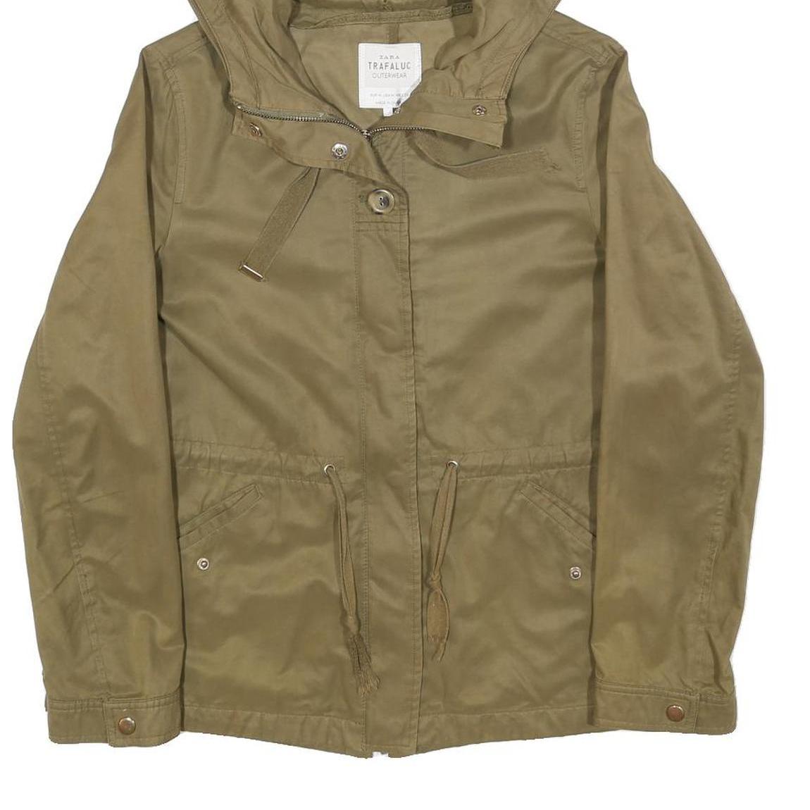 ZARA Womens Beige Cotton Blend Jacket M Plain Hooded Zip Casual Outerwear