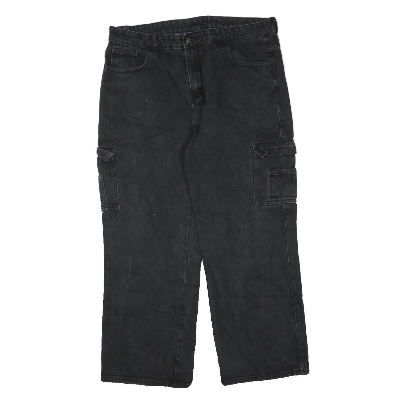 Mens Black Cotton Blend Regular Fit Cargo Jeans W40 L30 Utility Pocket Zip