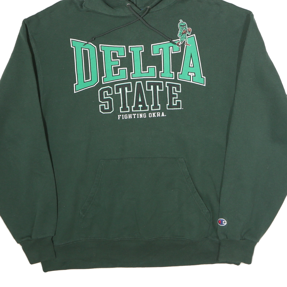 CHAMPION Mens Green Delta State Pullover Hoodie L Cotton Casual Sweatshirt