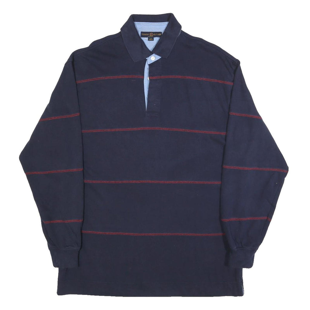 TOMMY HILFIGER Mens Navy Blue & Red Long Sleeve Striped L Polo Shirt Cotton