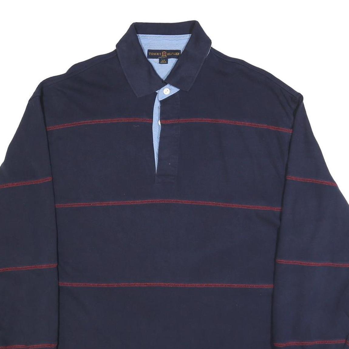 TOMMY HILFIGER Mens Navy Blue & Red Long Sleeve Striped L Polo Shirt Cotton