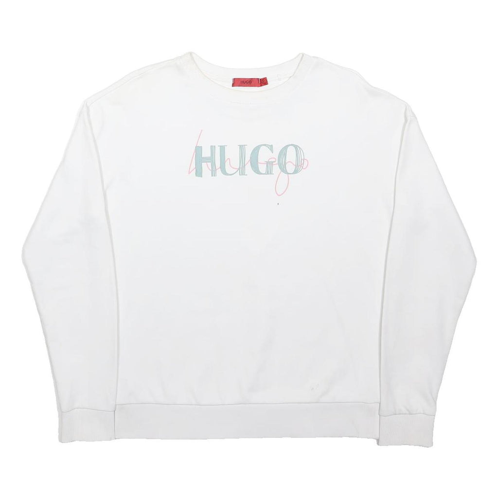 HUGO Womens White Sweatshirt M Crew Neck Cotton Blend Logo Print Casual Pullover