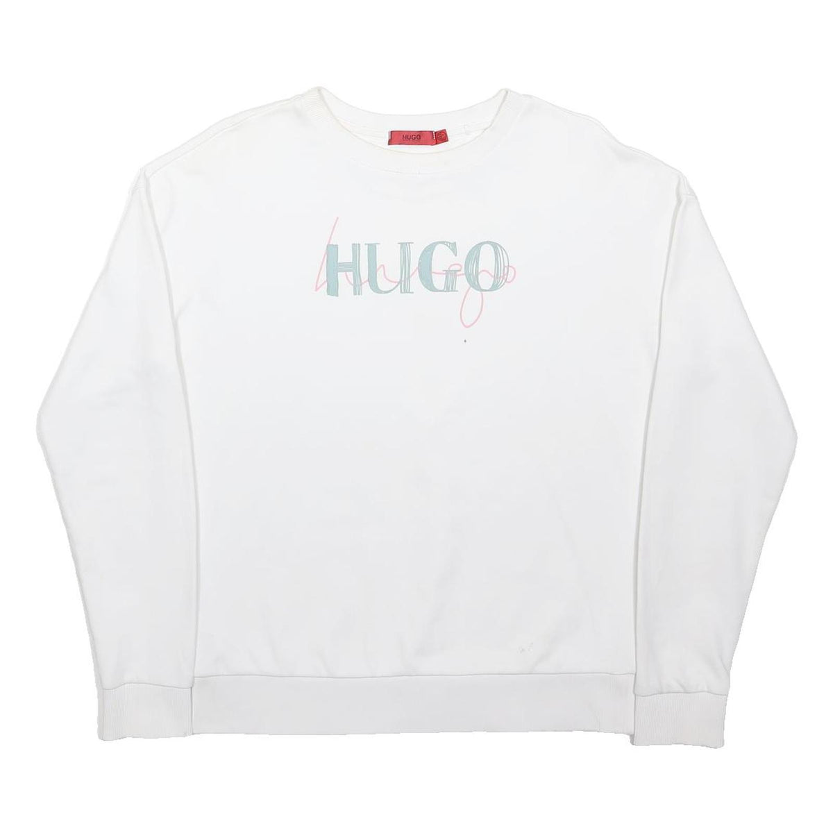 HUGO Womens White Sweatshirt M Crew Neck Cotton Blend Logo Print Casual Pullover