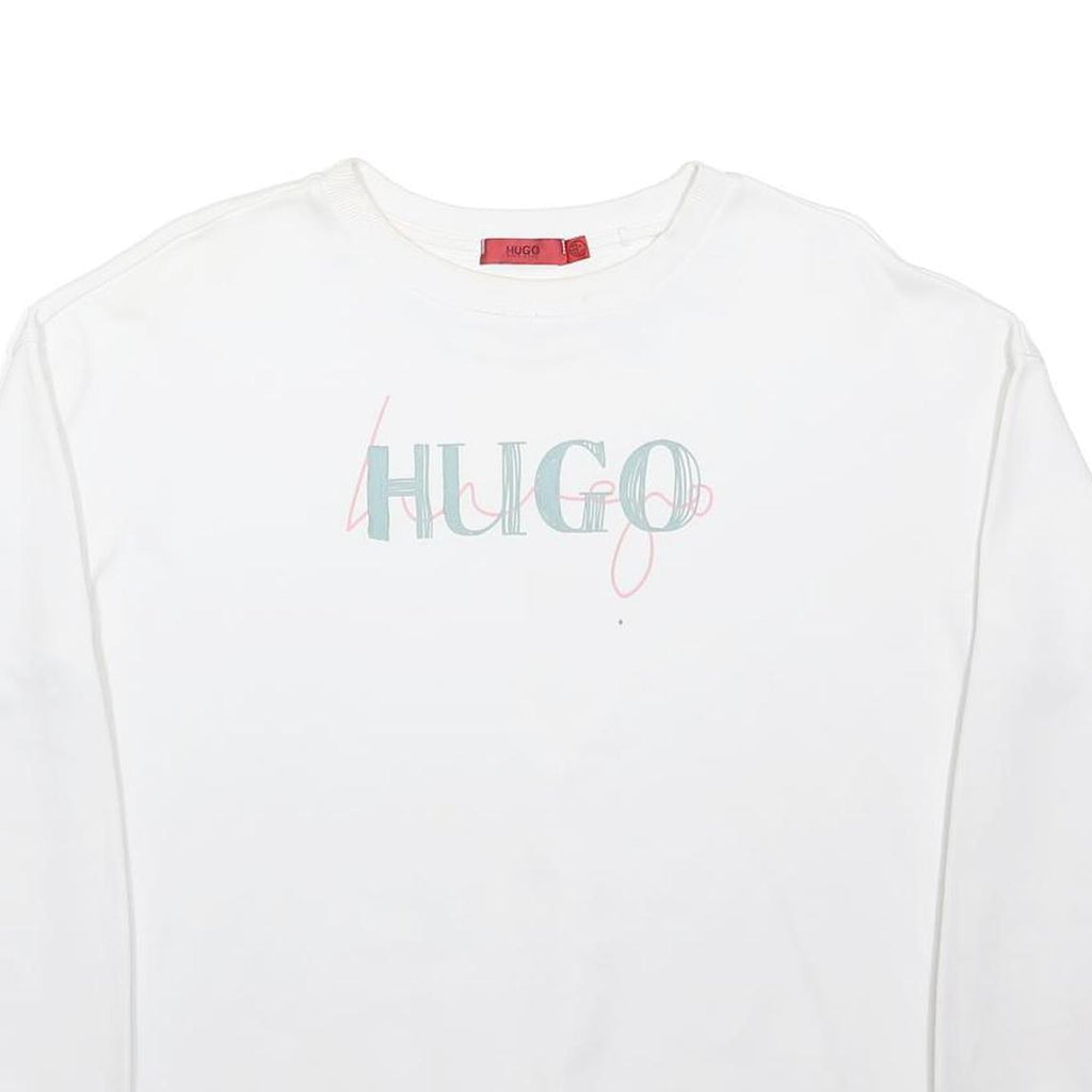 HUGO Womens White Sweatshirt M Crew Neck Cotton Blend Logo Print Casual Pullover
