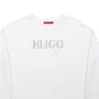 HUGO Womens White Sweatshirt M Crew Neck Cotton Blend Logo Print Casual Pullover