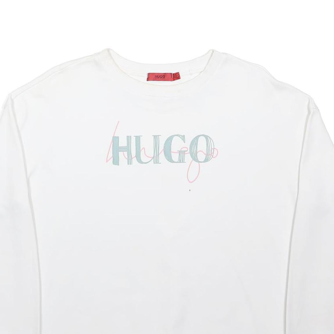 HUGO Womens White Sweatshirt M Crew Neck Cotton Blend Logo Print Casual Pullover