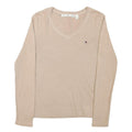 TOMMY HILFIGER Womens Beige V-Neck Plain Cotton Blend Jumper M Classic Fit