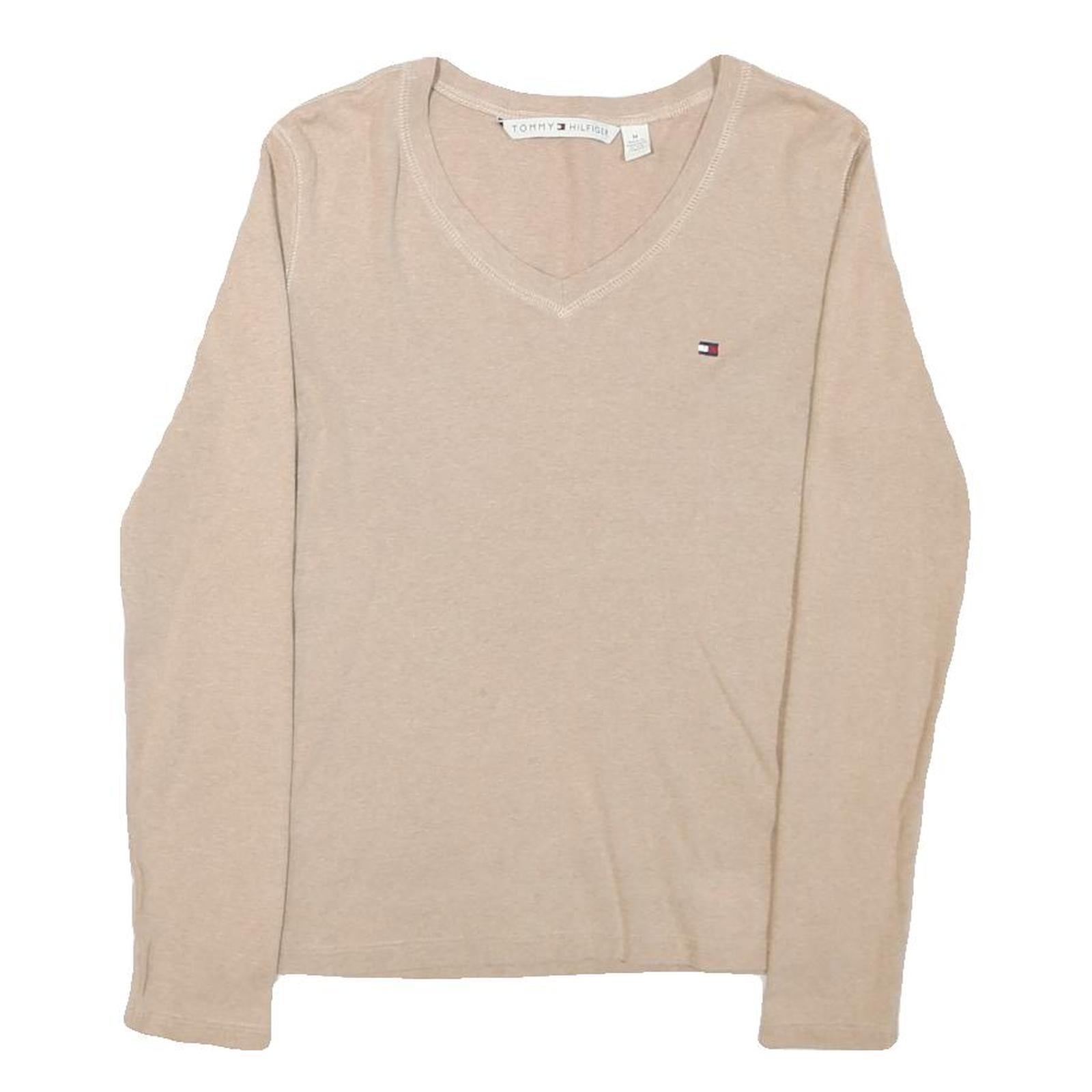 TOMMY HILFIGER Womens Beige V-Neck Plain Cotton Blend Jumper M Classic Fit