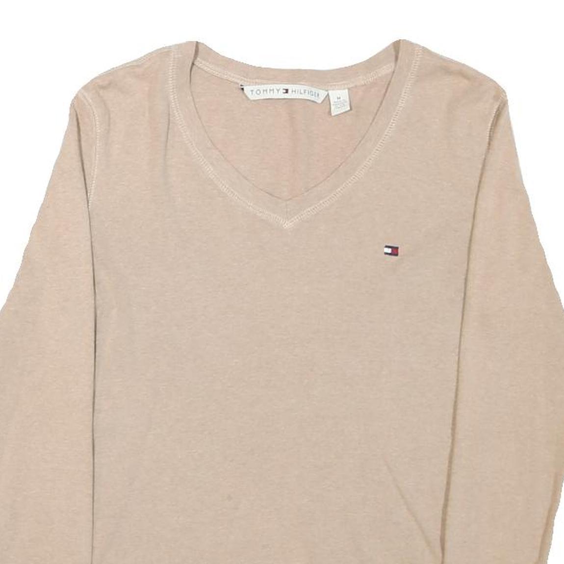 TOMMY HILFIGER Womens Beige V-Neck Plain Cotton Blend Jumper M Classic Fit