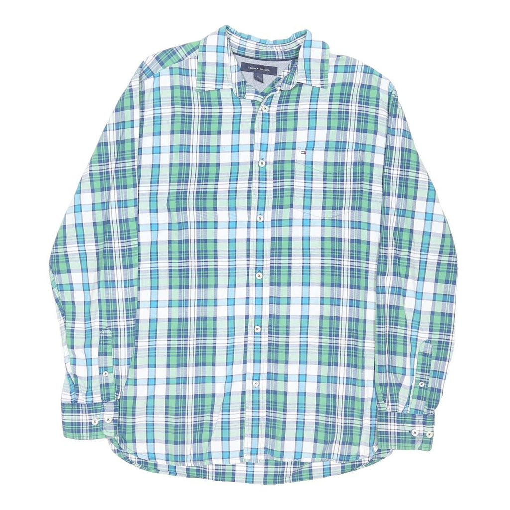 TOMMY HILFIGER Mens Blue Green Check Shirt M Casual Cotton Blend Long Sleeve
