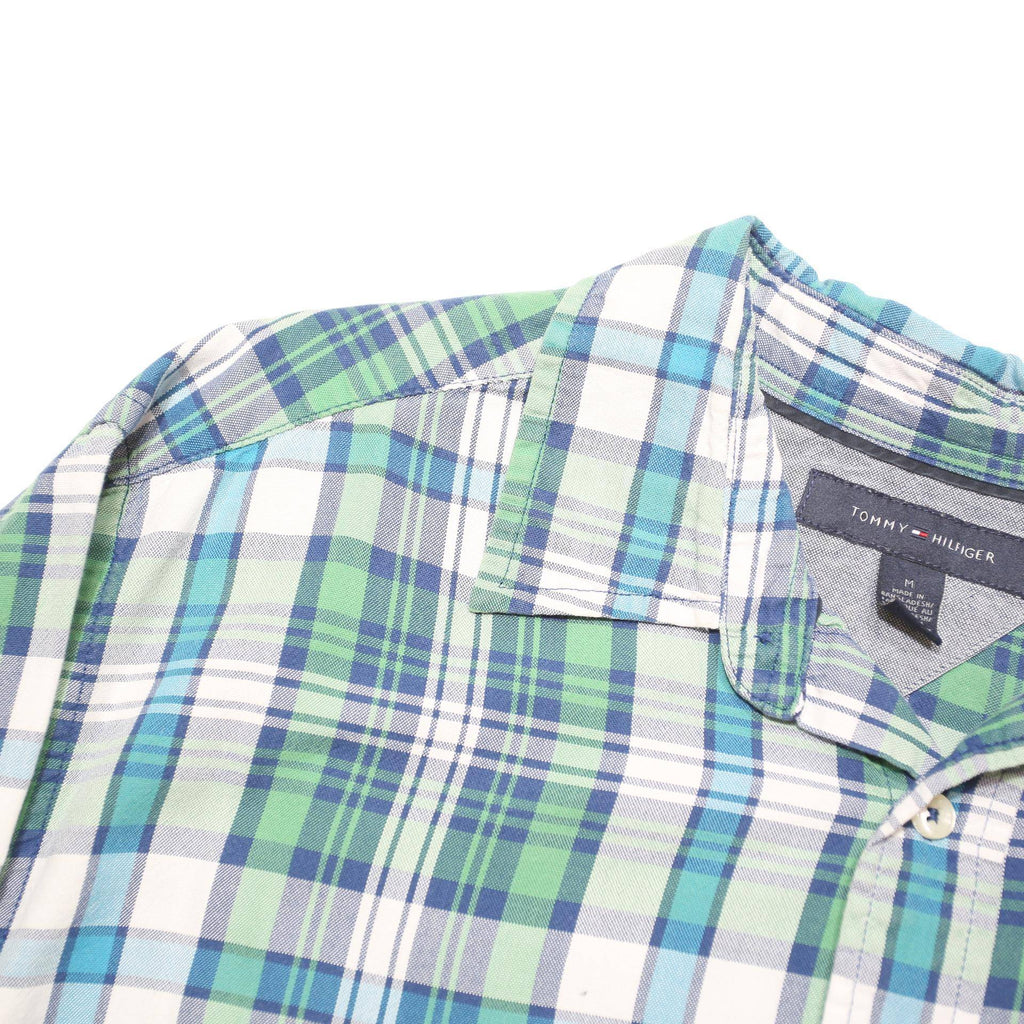 TOMMY HILFIGER Mens Blue Green Check Shirt M Casual Cotton Blend Long Sleeve