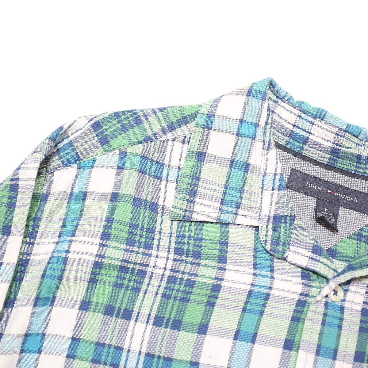 TOMMY HILFIGER Mens Blue Green Check Shirt M Casual Cotton Blend Long Sleeve