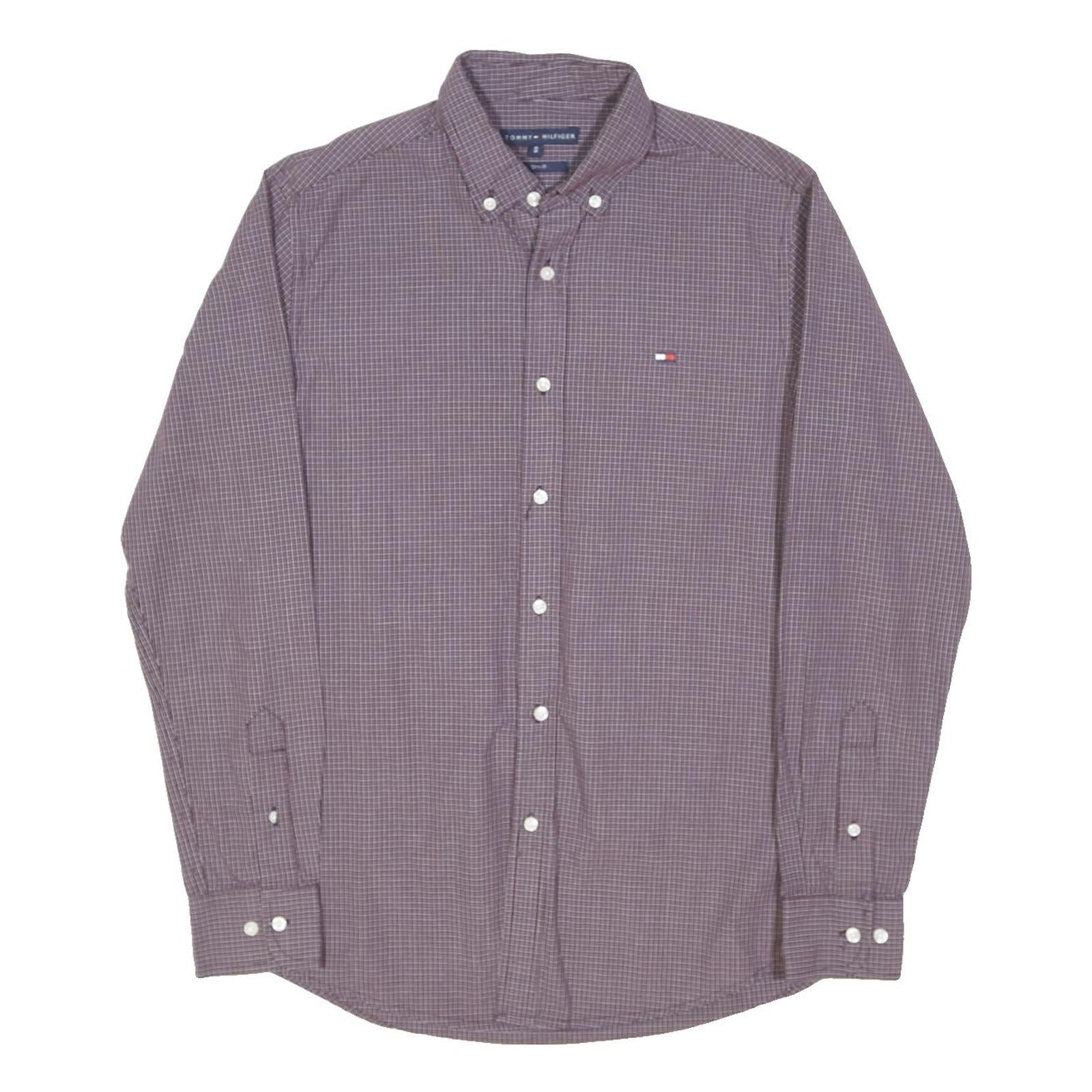 TOMMY HILFIGER Mens Maroon & White Check Shirt M Button Down Collar Long Sleeve