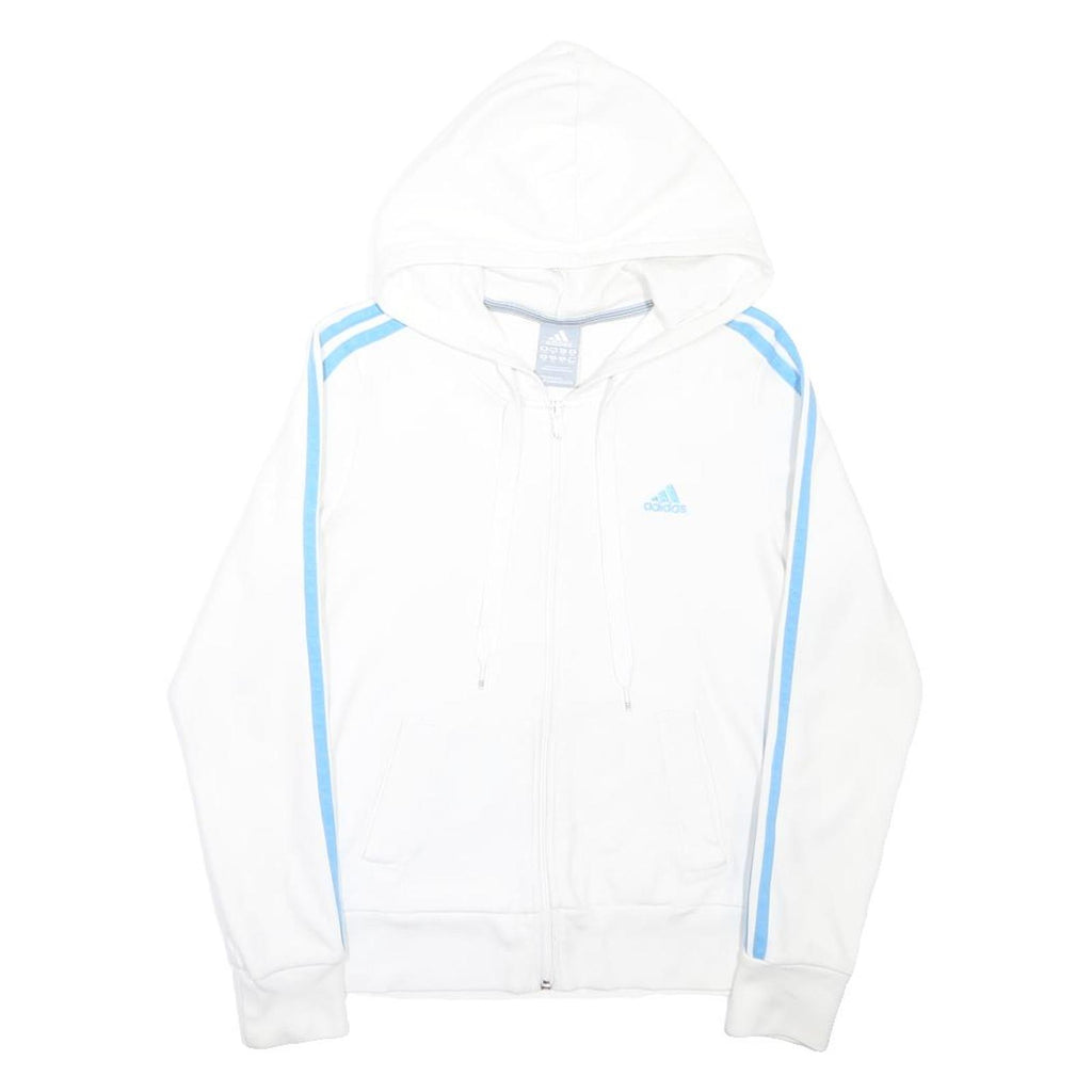 ADIDAS Womens White & Blue Hoodie Full Zip UK 10 Cotton Blend Casual Sport