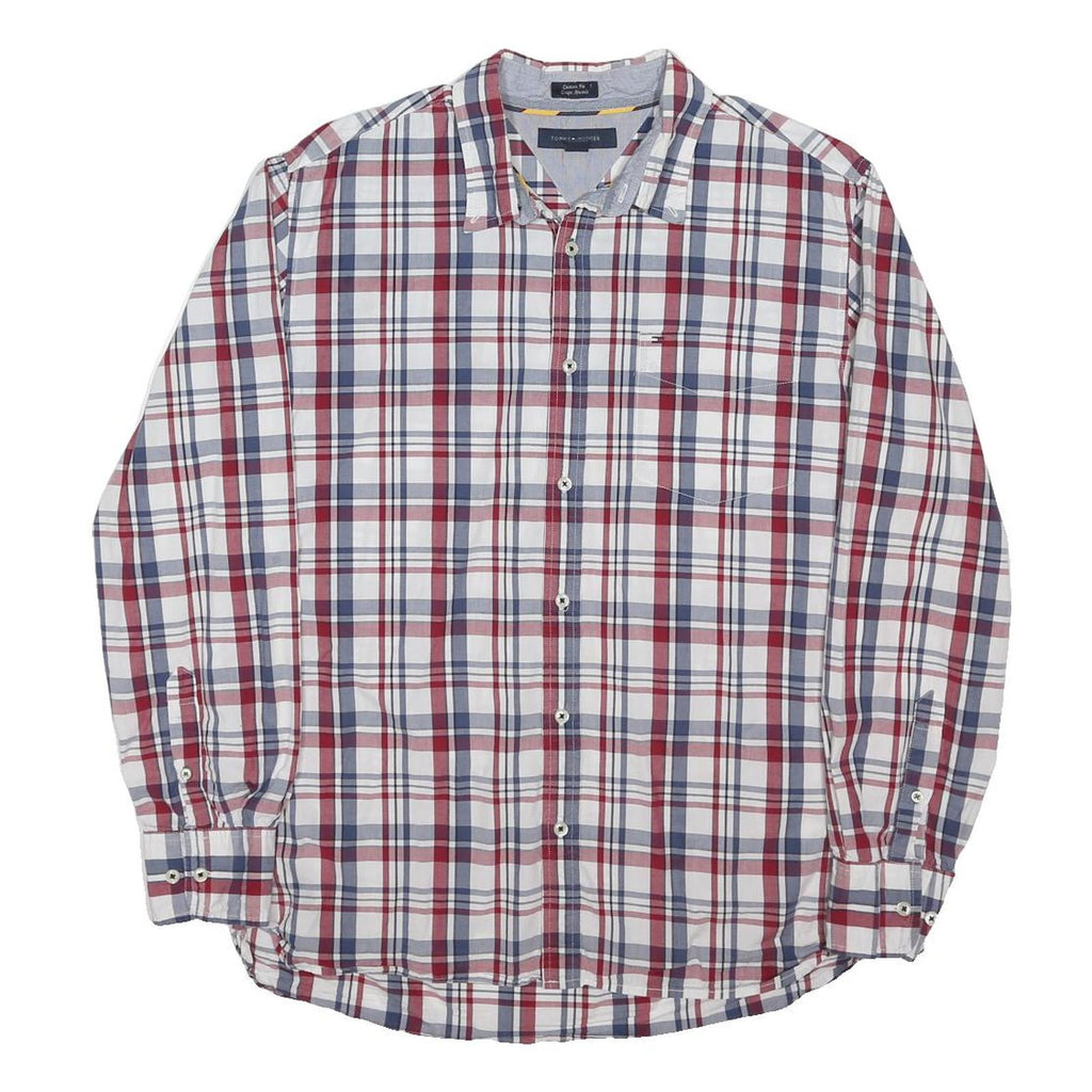 TOMMY HILFIGER Mens White & Red Check Shirt L Casual Cotton Blend Long Sleeve