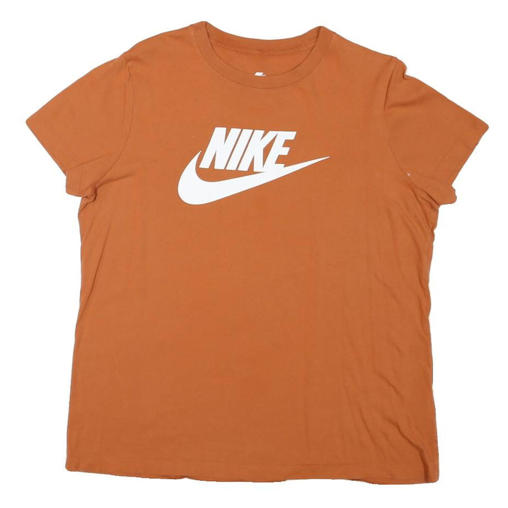 NIKE Womens Orange Cotton Blend T-Shirt L Short Sleeve Crew Neck Logo Print