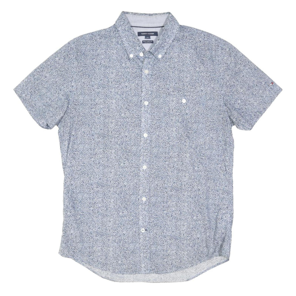 TOMMY HILFIGER Mens Blue Printed Shirt L Cotton Blend Short Sleeve Button Down