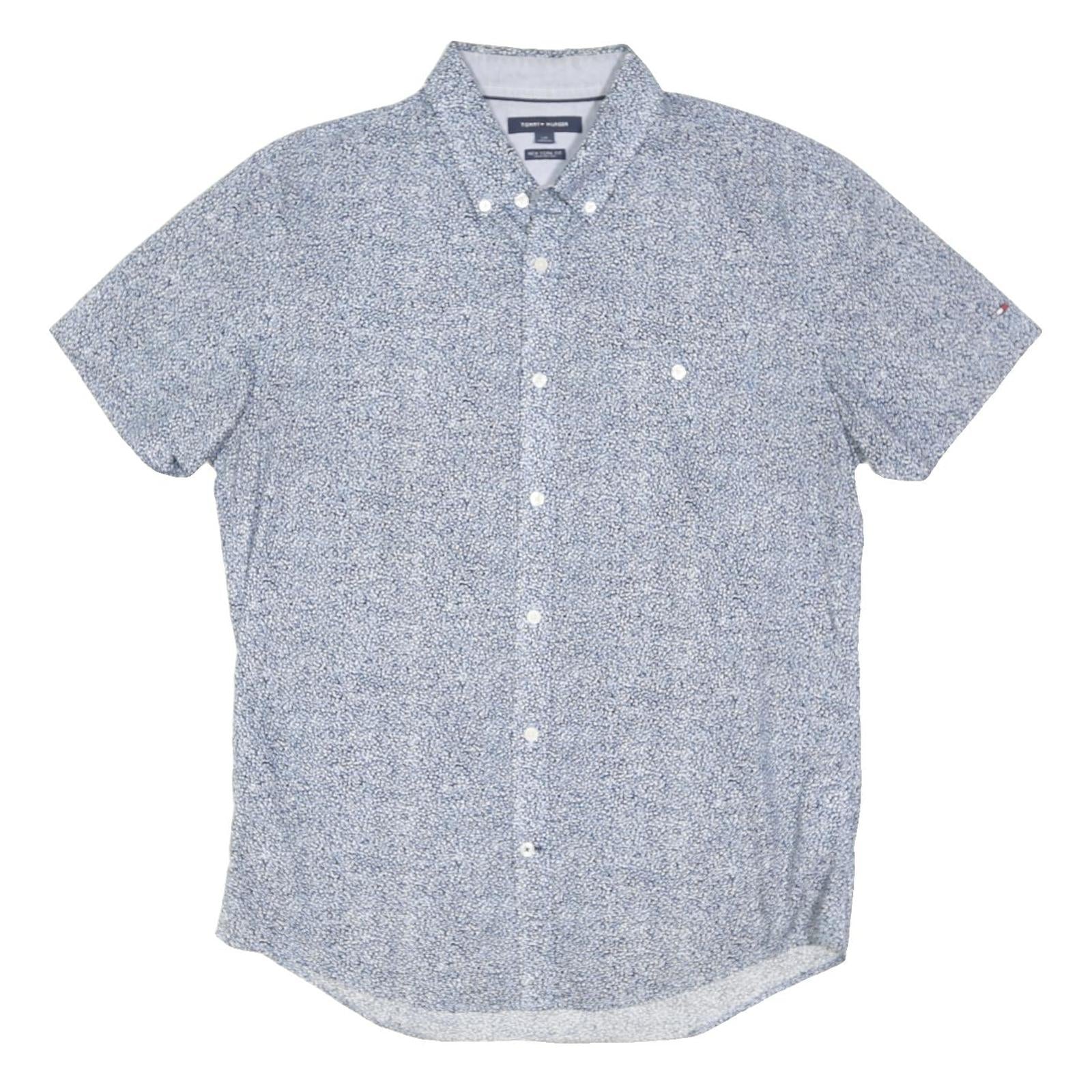 TOMMY HILFIGER Mens Blue Printed Shirt L Cotton Blend Short Sleeve Button Down