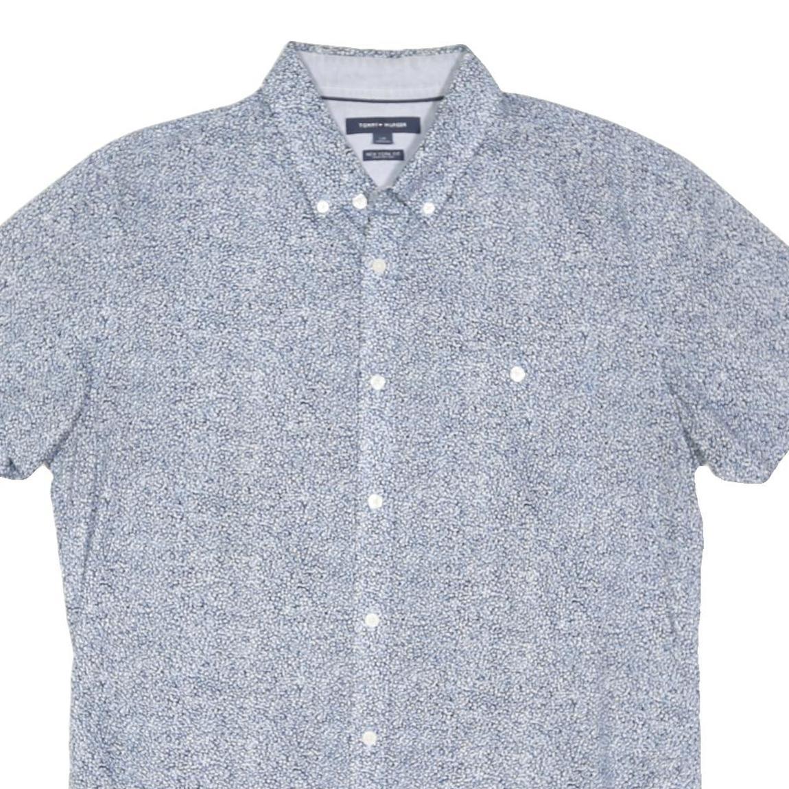 TOMMY HILFIGER Mens Blue Printed Shirt L Cotton Blend Short Sleeve Button Down