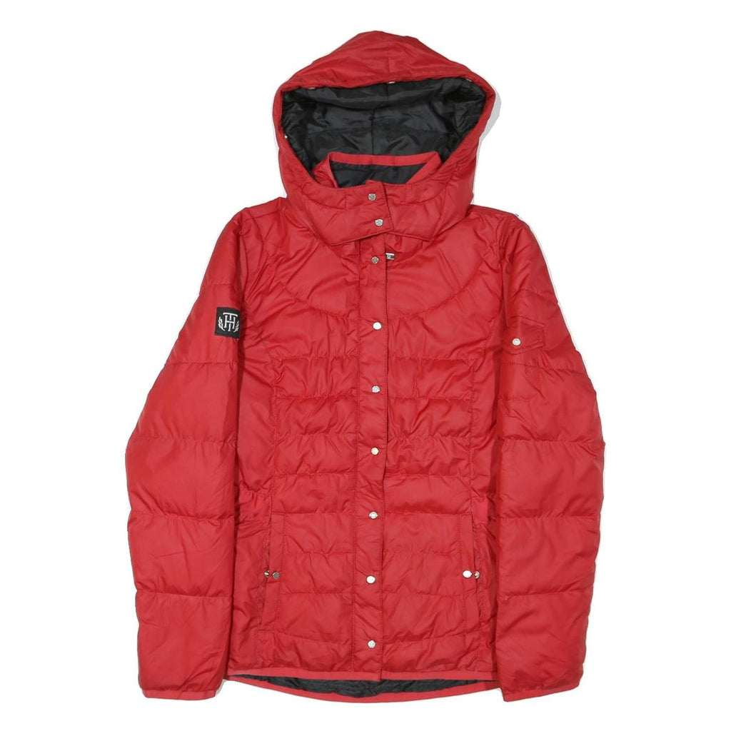 TOMMY HILFIGER Womens Red Quilted Jacket M Polyester Blend Zip Hooded Classic