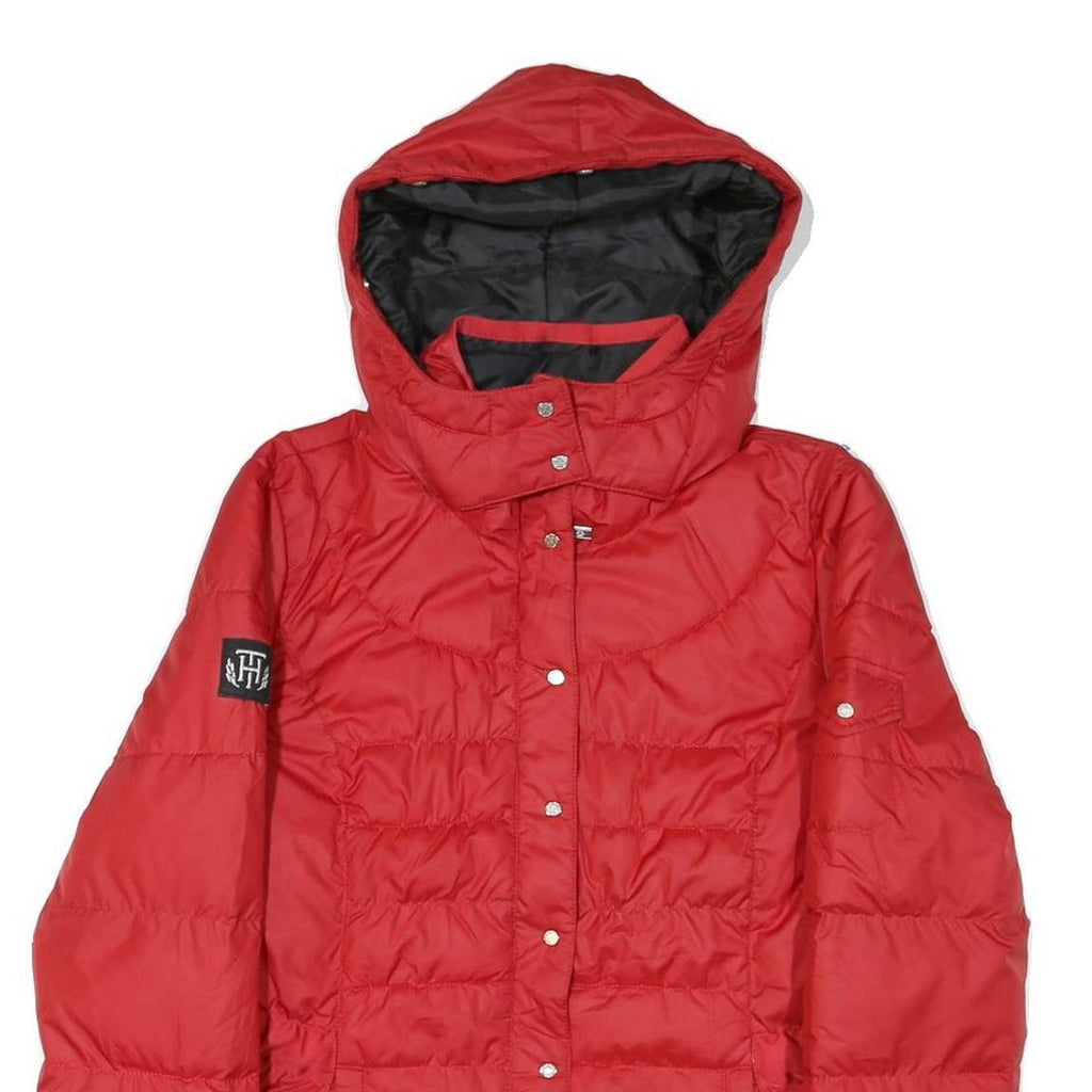 TOMMY HILFIGER Womens Red Quilted Jacket M Polyester Blend Zip Hooded Classic