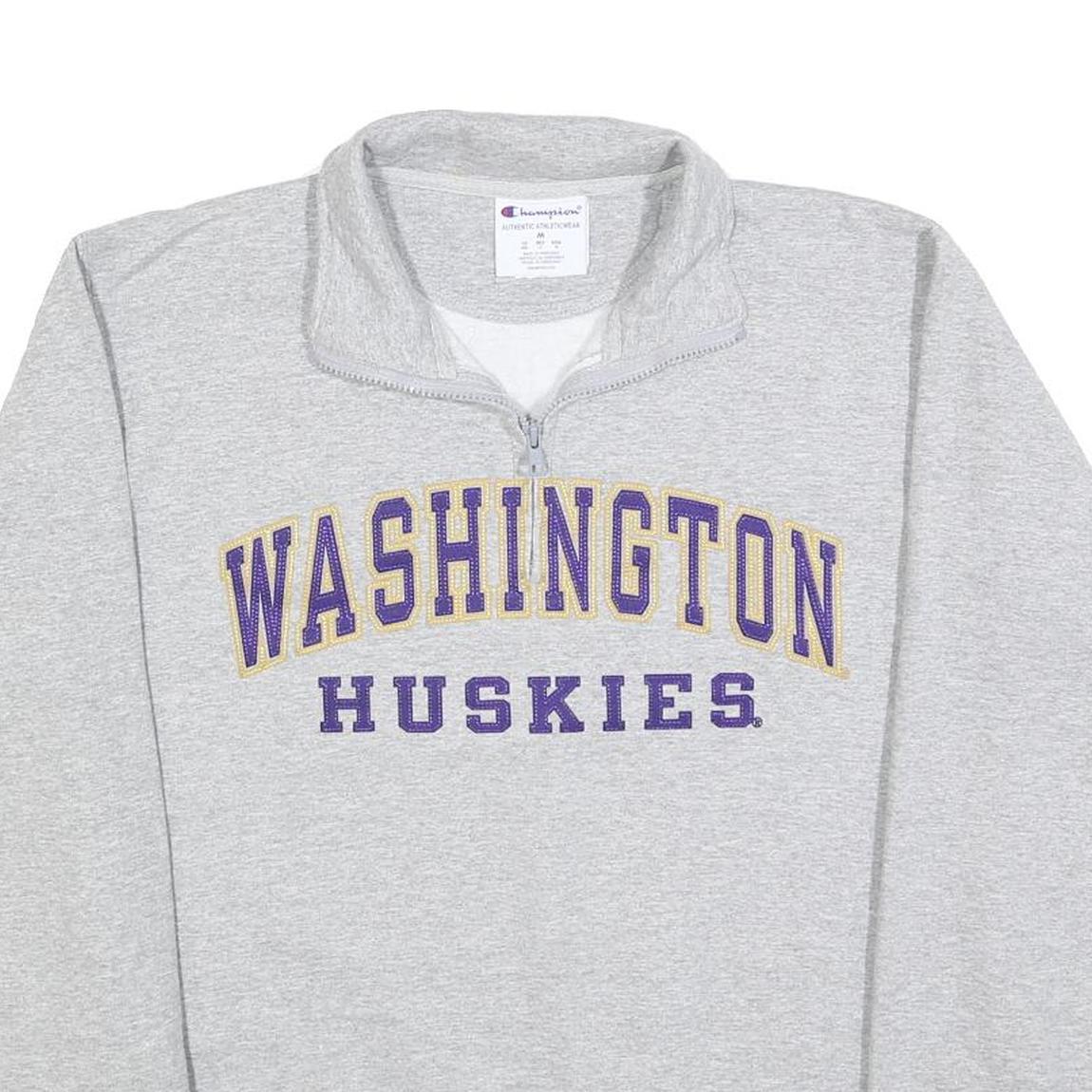 CHAMPION Mens Grey Washington Huskies 1/4 Zip Sweatshirt M Cotton Blend Pullover