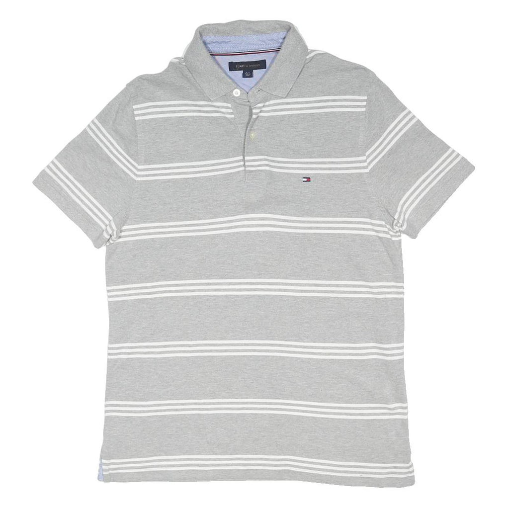 TOMMY HILFIGER Mens Grey & White Striped Short Sleeve Polo Shirt S Cotton Blend