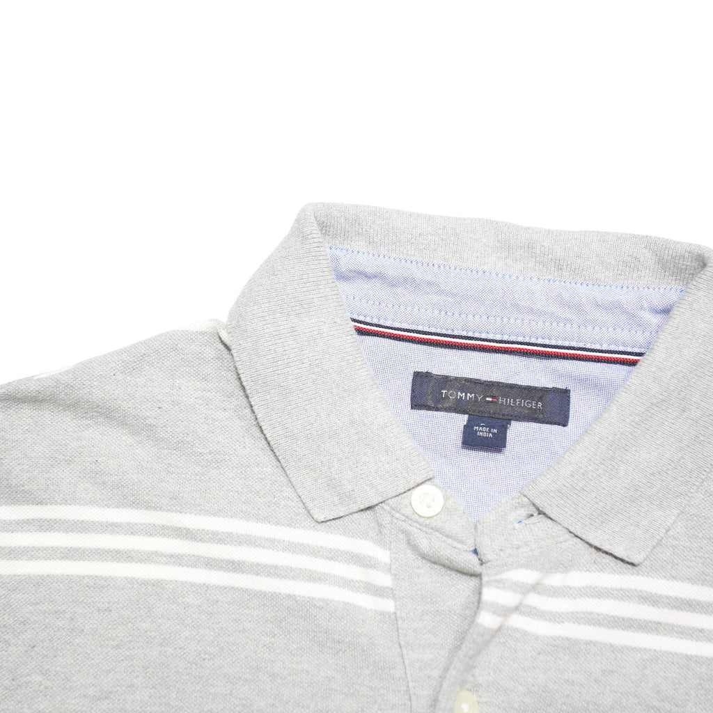 TOMMY HILFIGER Mens Grey & White Striped Short Sleeve Polo Shirt S Cotton Blend