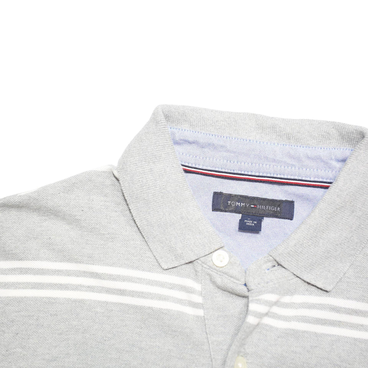 TOMMY HILFIGER Mens Grey & White Striped Short Sleeve Polo Shirt S Cotton Blend