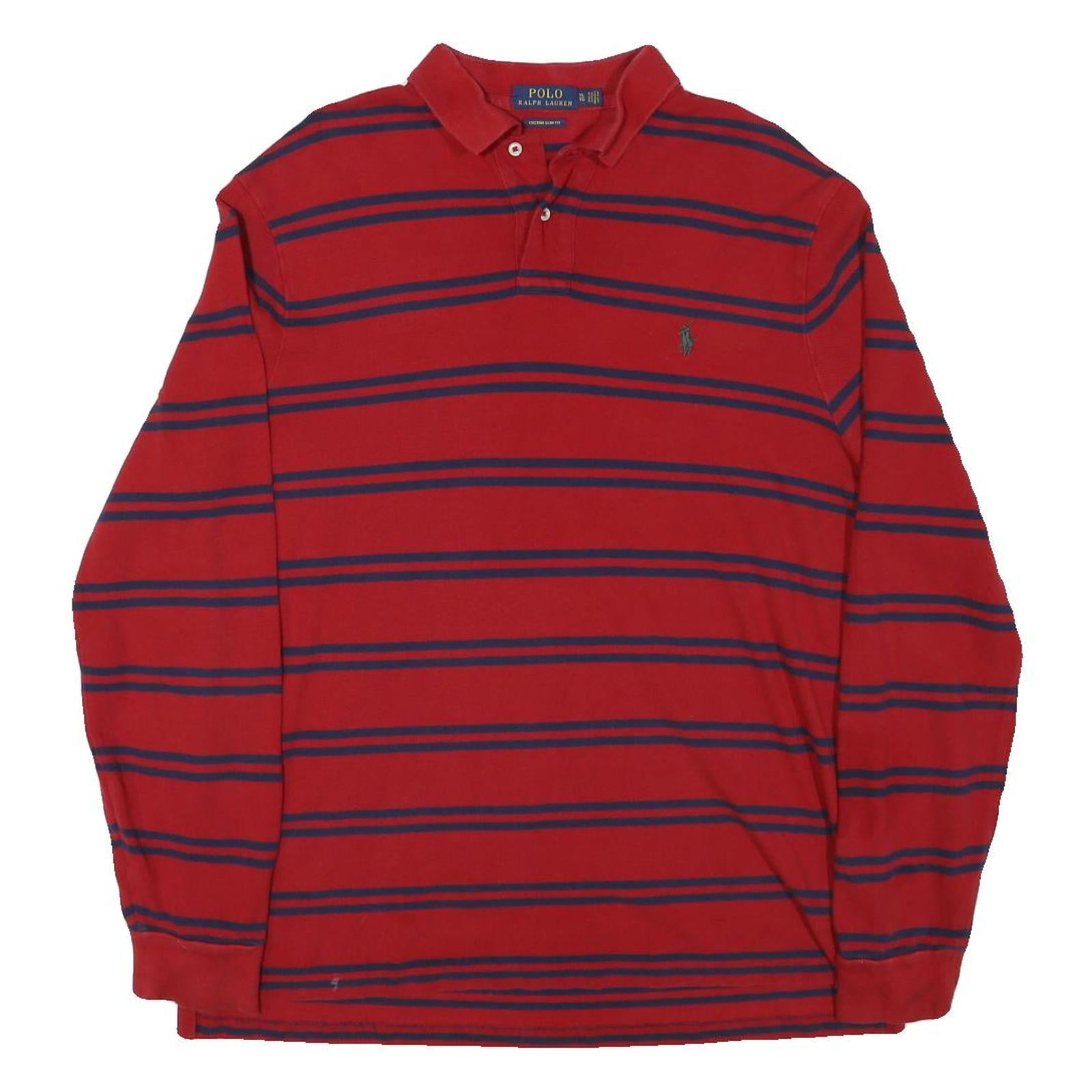 POLO RALPH LAUREN Mens Red & Navy Blue Striped Long Sleeve Polo Shirt XL Cotton
