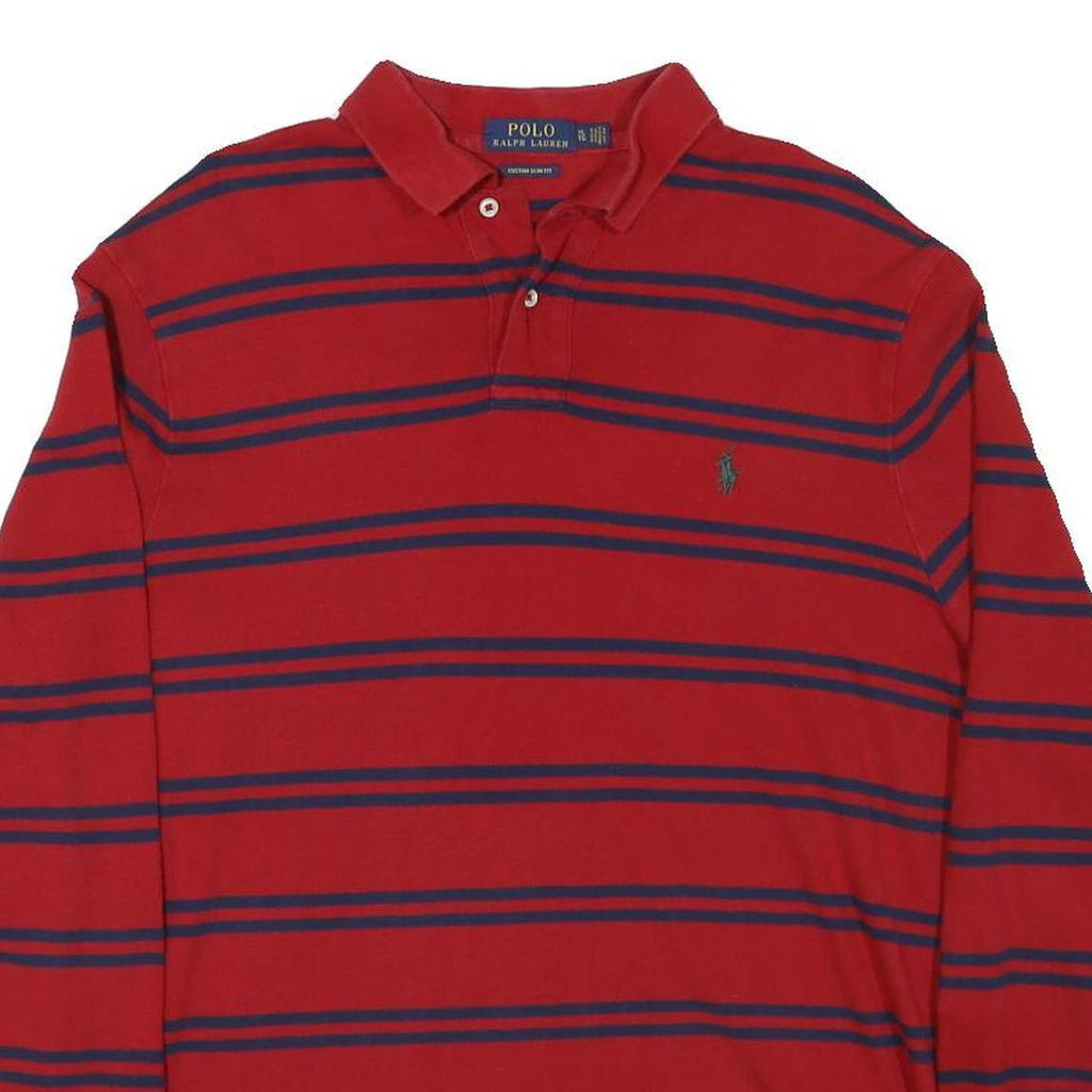 POLO RALPH LAUREN Mens Red & Navy Blue Striped Long Sleeve Polo Shirt XL Cotton