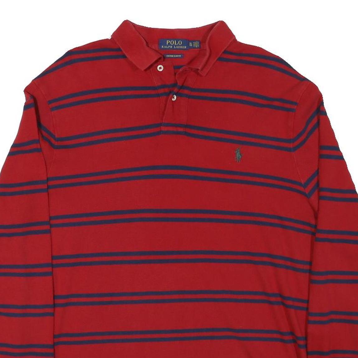 POLO RALPH LAUREN Mens Red & Navy Blue Striped Long Sleeve Polo Shirt XL Cotton