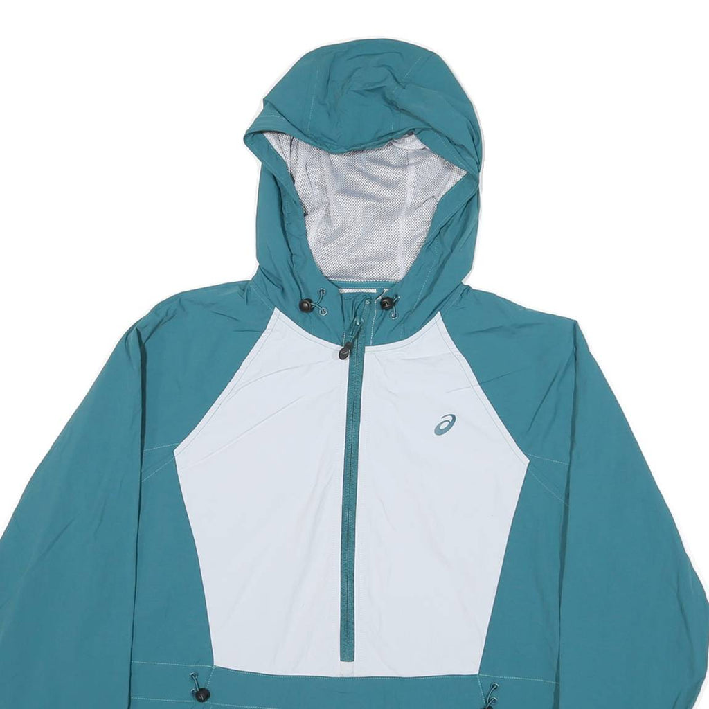 ASICS Womens Blue & White Hooded Nylon Jacket M Zip Lightweight Sportswear