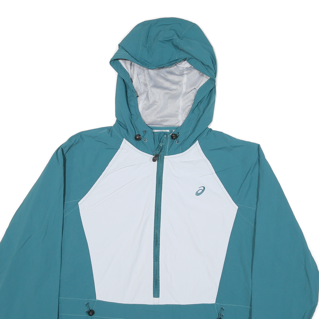 ASICS Womens Blue & White Hooded Nylon Jacket M Zip Lightweight Sportswear