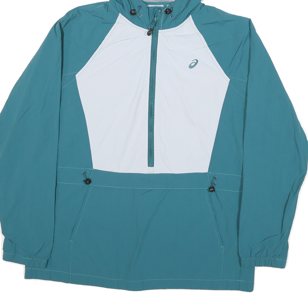 ASICS Womens Blue & White Hooded Nylon Jacket M Zip Lightweight Sportswear