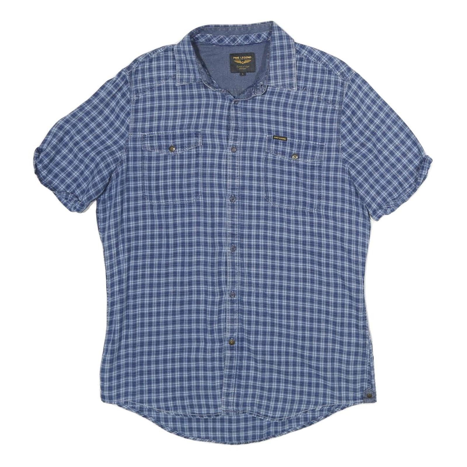 PME LEGEND Mens Blue Checked Shirt L Casual Cotton Short Sleeve Summer