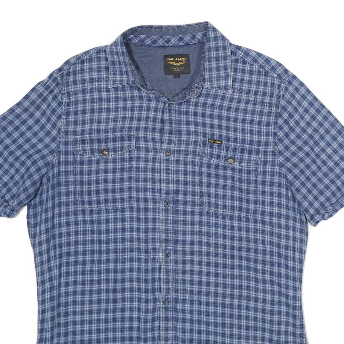 PME LEGEND Mens Blue Checked Shirt L Casual Cotton Short Sleeve Summer