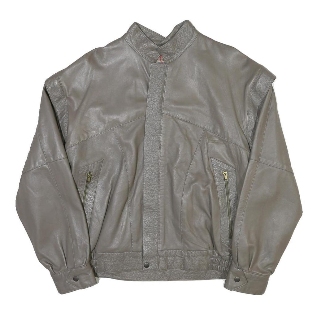 Mens Grey Leather Bomber Jacket M Smooth Plain Zipped Pockets Style