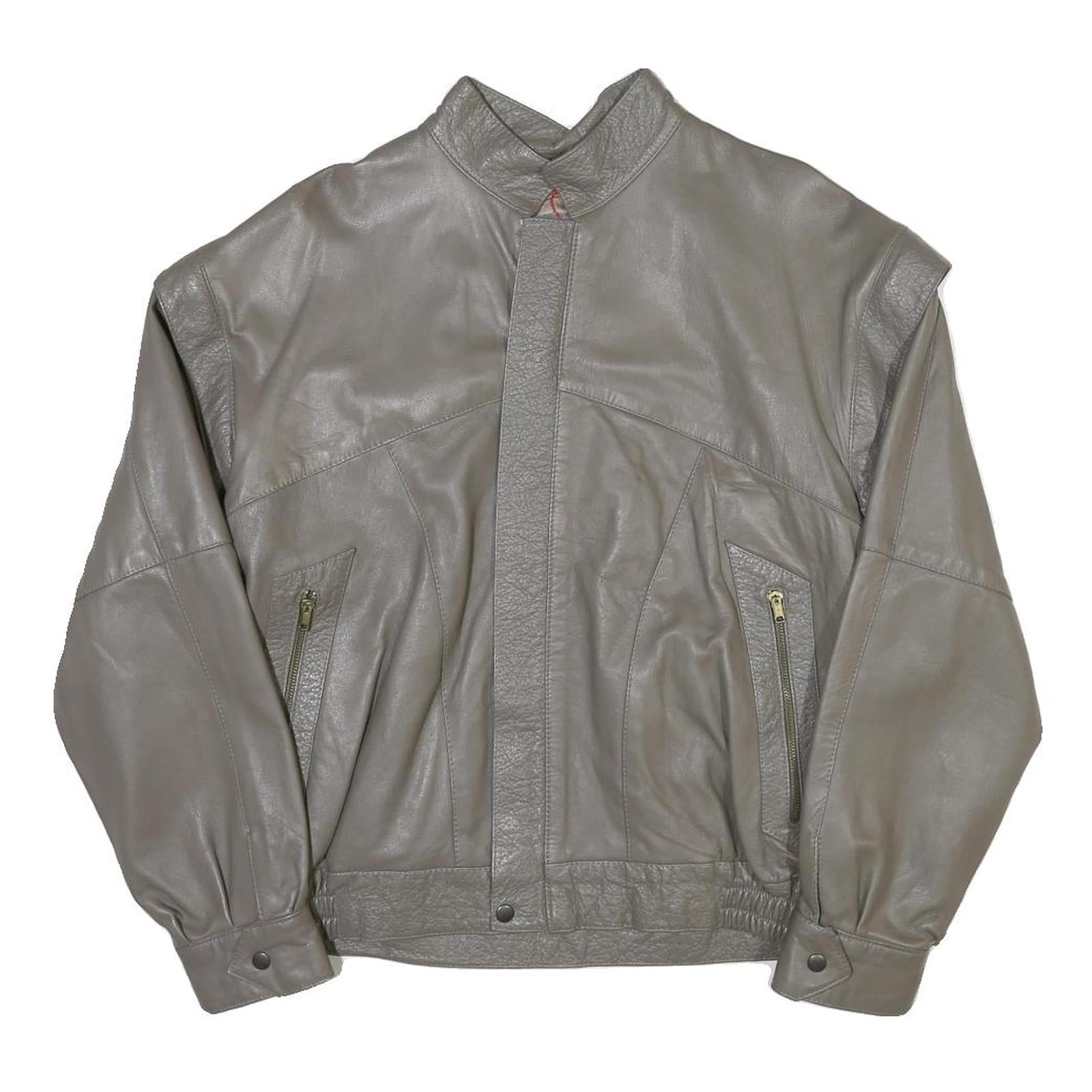 Mens Grey Leather Bomber Jacket M Smooth Plain Zipped Pockets Style