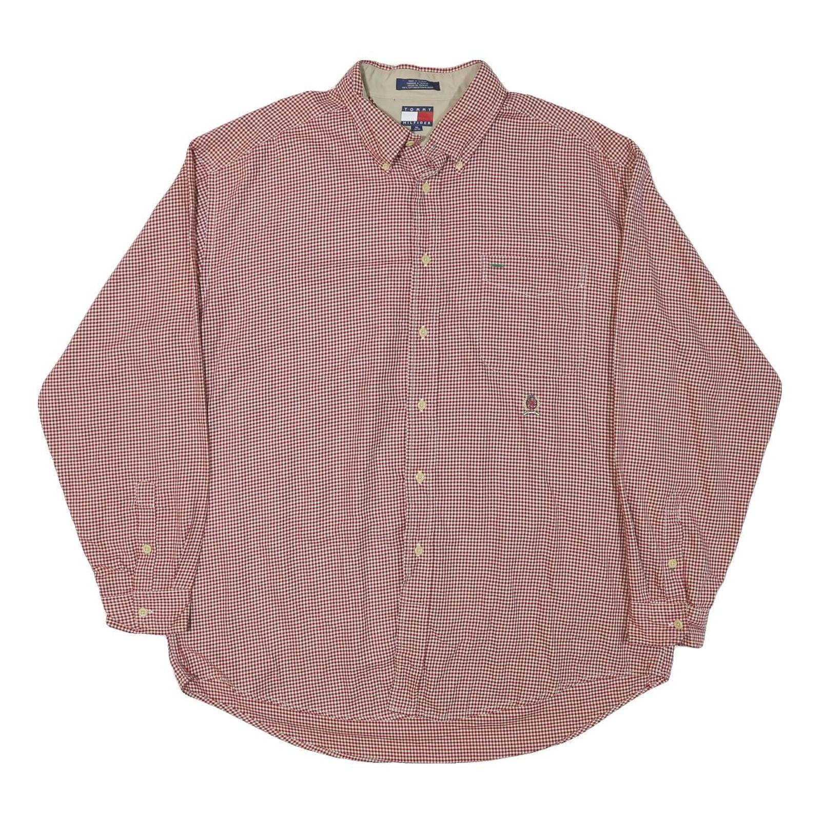 TOMMY HILFIGER Mens Red & White Check Shirt XL Casual Cotton Blend Long Sleeve