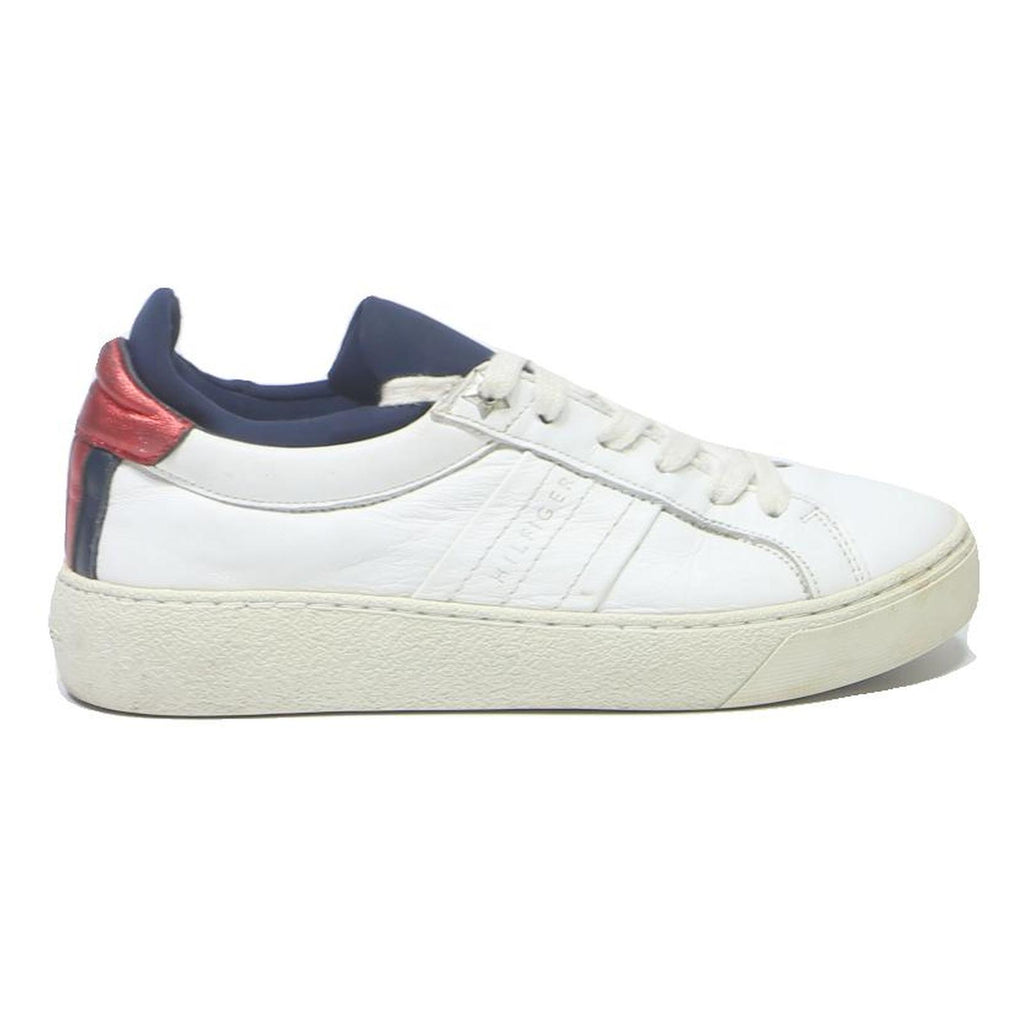 TOMMY HILFIGER Womens Lace-Up Trainers Leather White Navy Red UK 4.5 Casual
