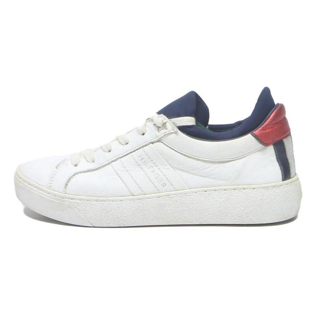 TOMMY HILFIGER Womens Lace-Up Trainers Leather White Navy Red UK 4.5 Casual