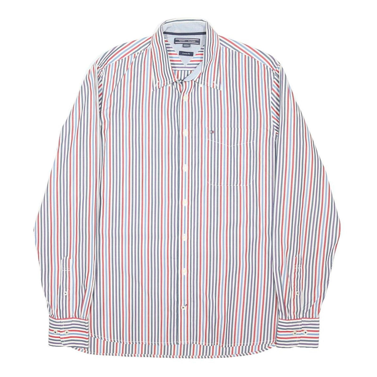 TOMMY HILFIGER Mens Blue & Red Striped Button-Down Shirt M Cotton Blend Long