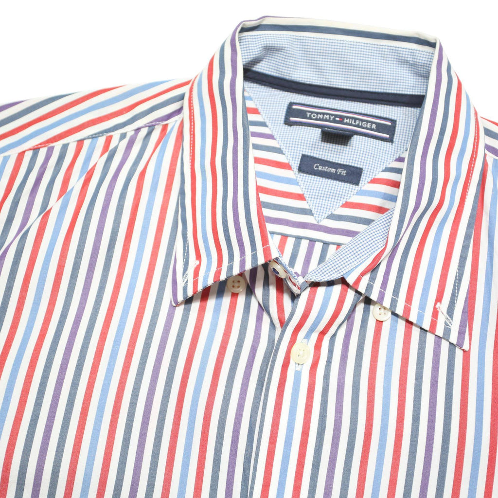 TOMMY HILFIGER Mens Blue & Red Striped Button-Down Shirt M Cotton Blend Long