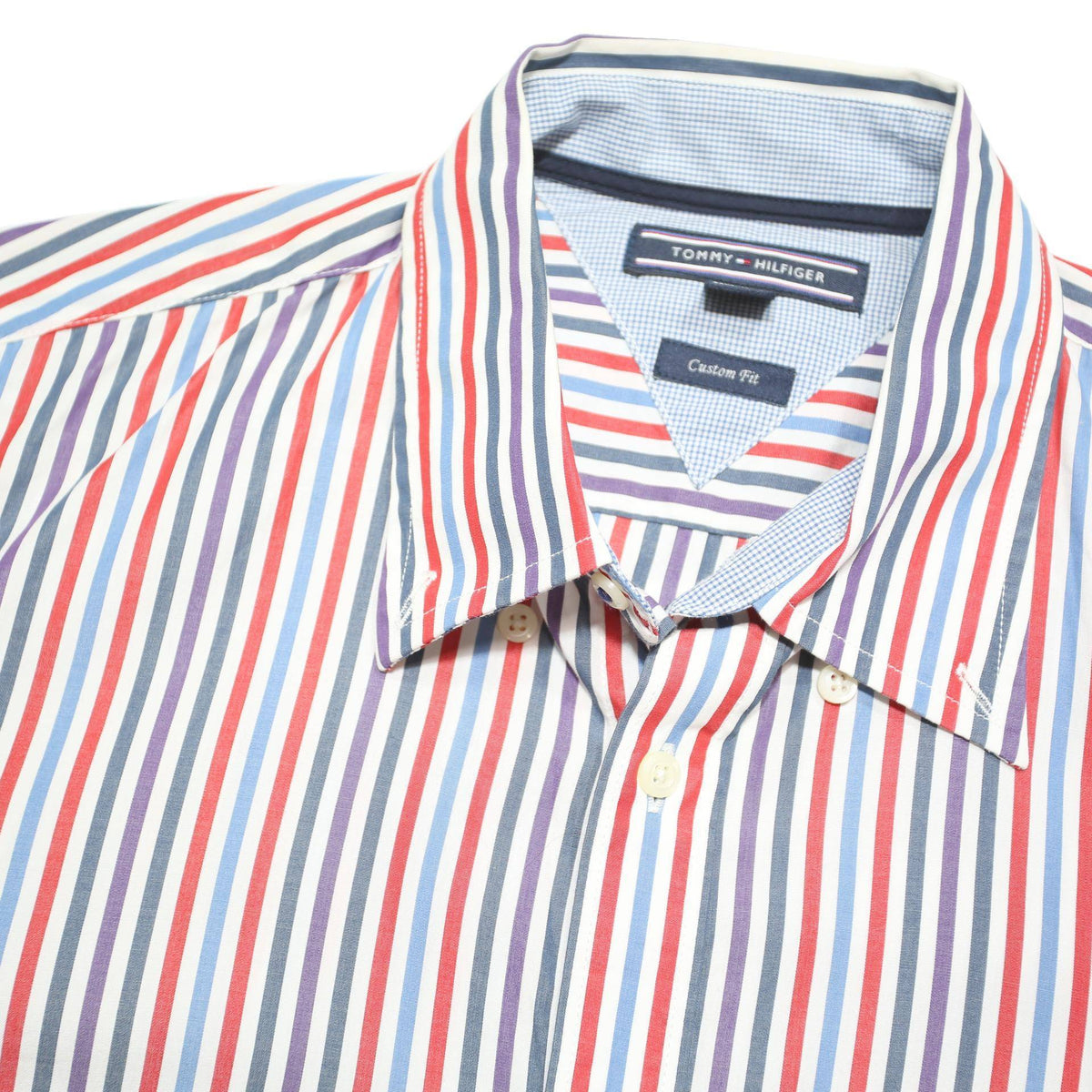 TOMMY HILFIGER Mens Blue & Red Striped Button-Down Shirt M Cotton Blend Long