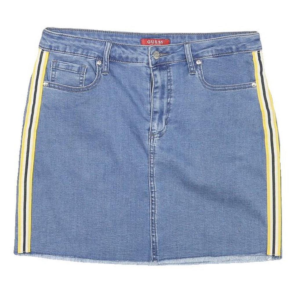 GUESS Womens Blue Denim Mini Cotton Blend Skirt L Striped Side Detailing Casual