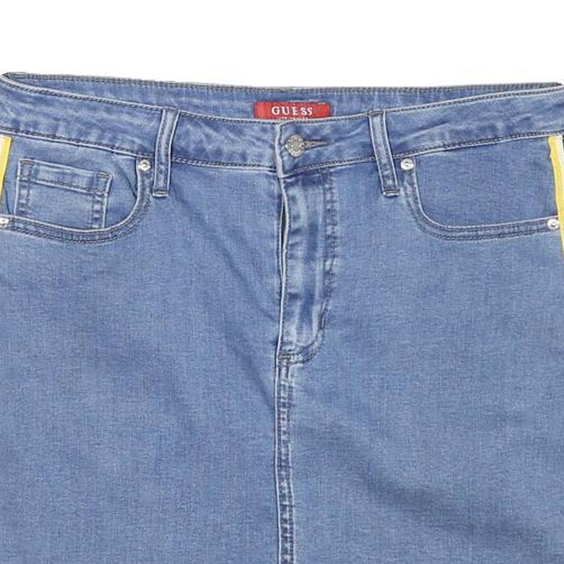GUESS Womens Blue Denim Mini Cotton Blend Skirt L Striped Side Detailing Casual