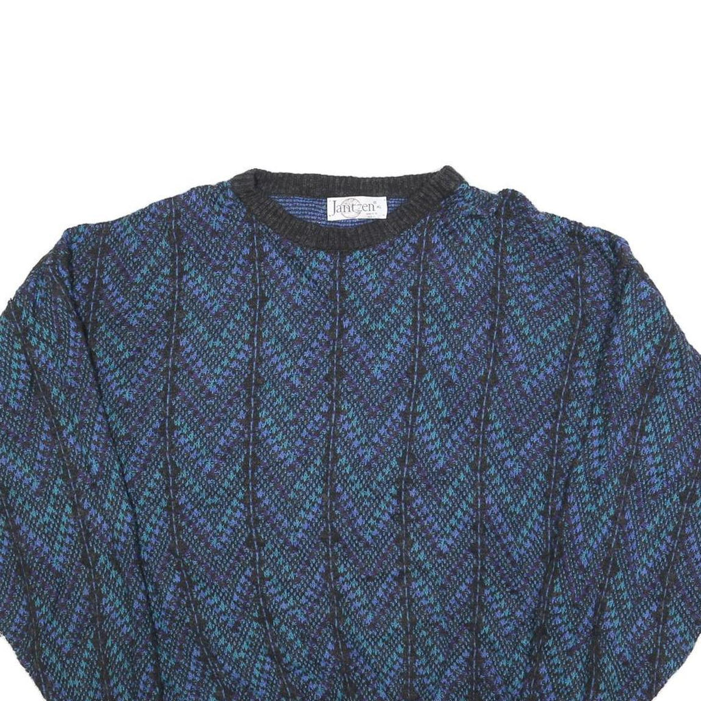 JANTZEN Womens Blue Patterned Jumper Crew Neck Chunky Knit XL Vintage 80s